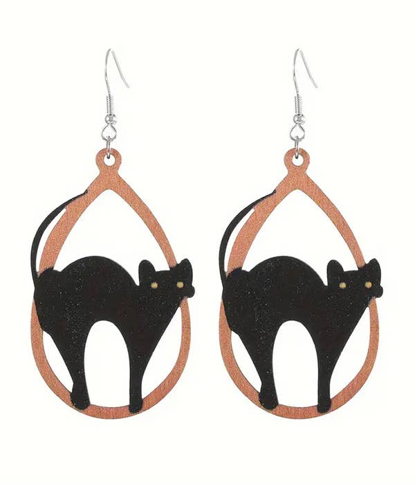 HALLOWEEN THEME WOOD TEARDROP EARRING - CAT