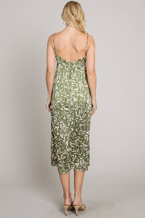 Printed satin cami deep back V midi dress