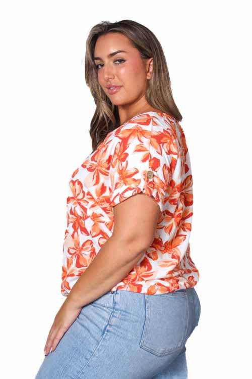 Women's Plus Short Sleeve Drawstring Hem Floral Top
