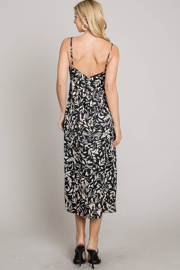 Printed satin cami deep back V midi dress