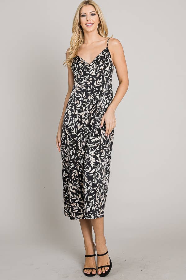 Printed satin cami deep back V midi dress