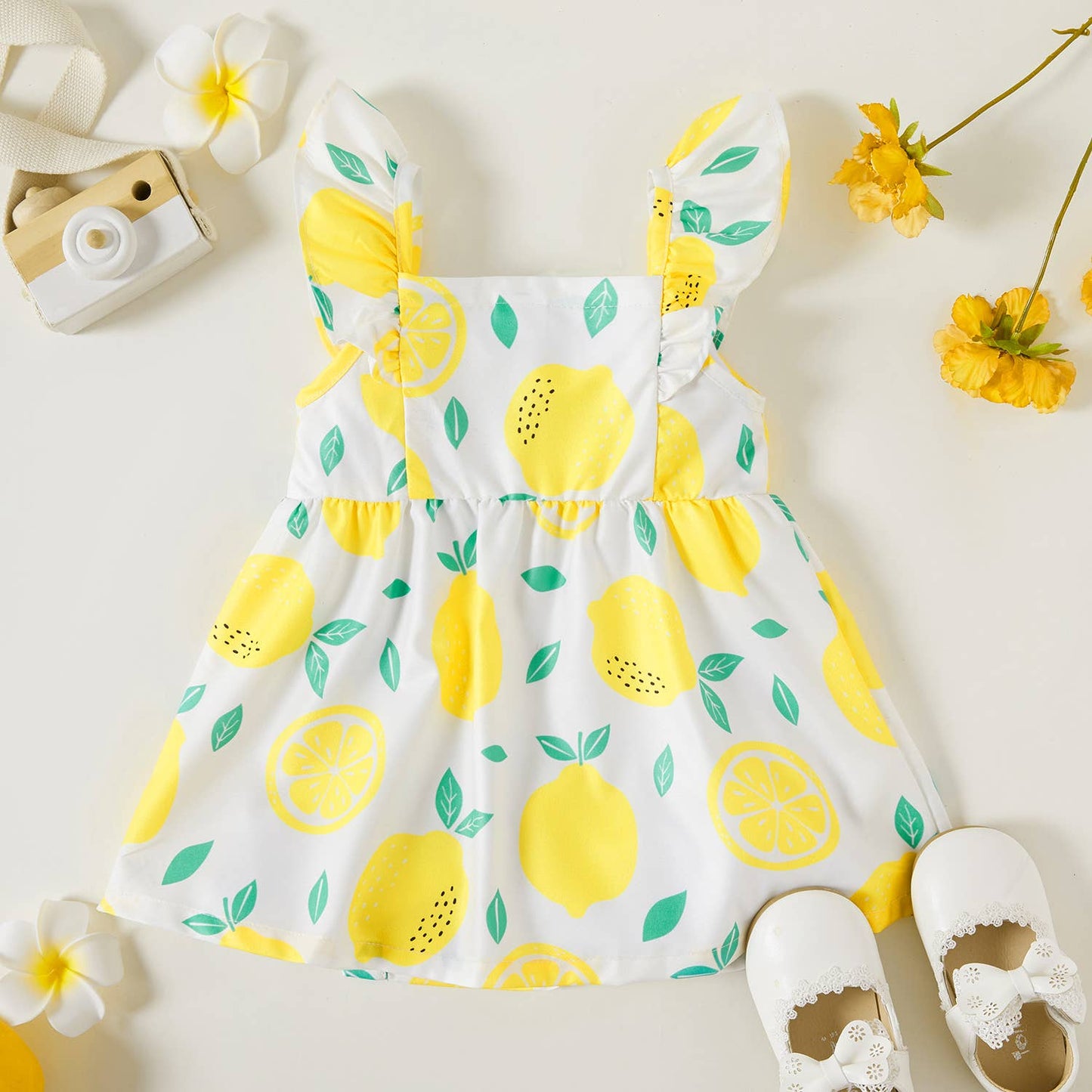 1pc Baby Girl Plaid&Lemon&Fruit Sweet Dress