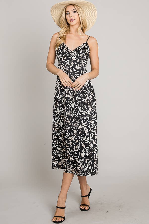 Printed satin cami deep back V midi dress