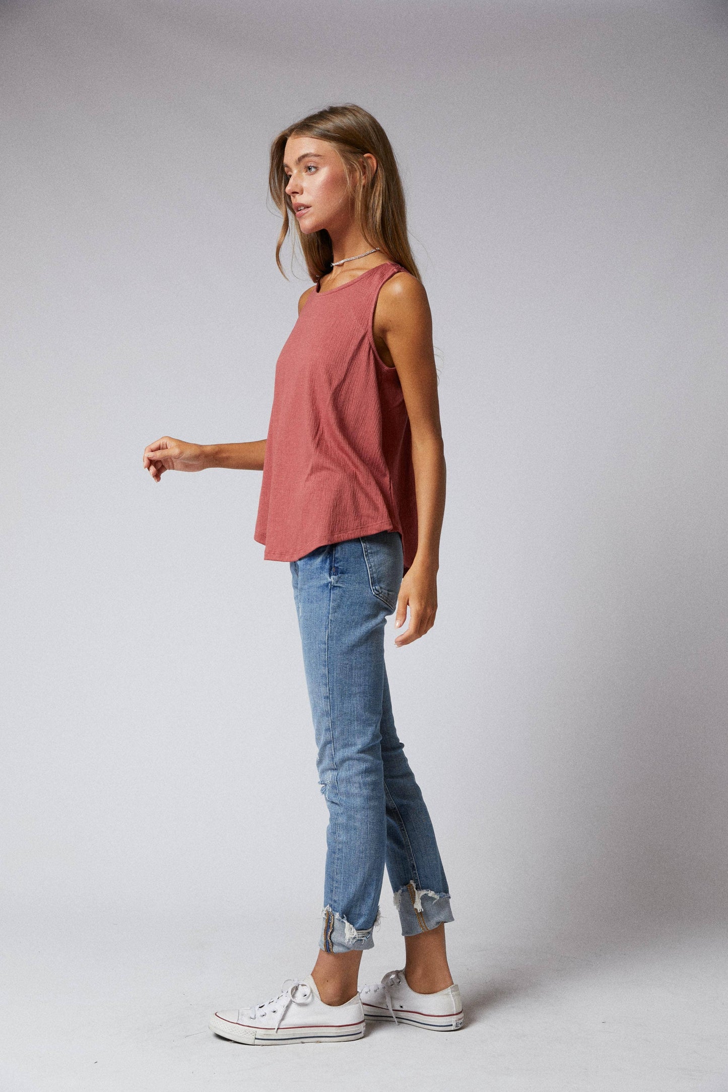 Sleeveless Back Lace Patch Crinkle Knit Swing Top