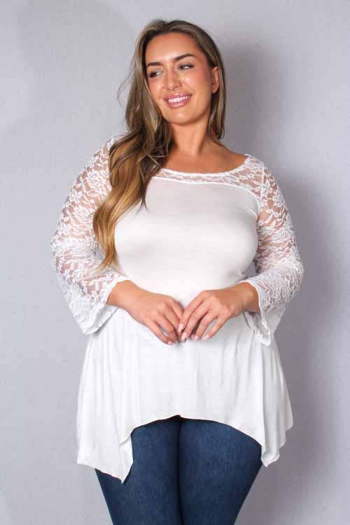 Women's Plus Lace Long Sleeve Hi Low Hem Solid Top