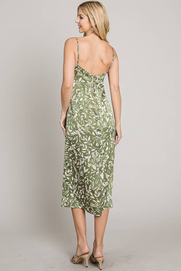 Printed satin cami deep back V midi dress