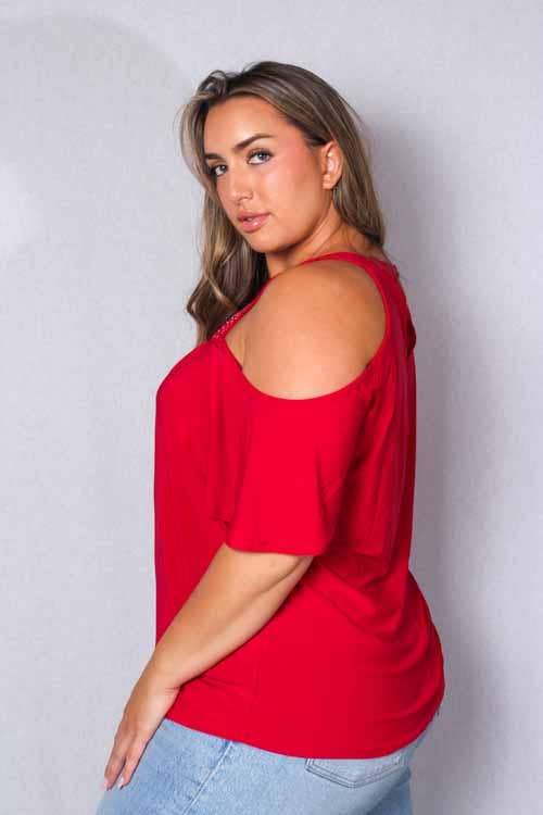 Women's Plus Short Sleeve Cold Shoulder Crystal Top