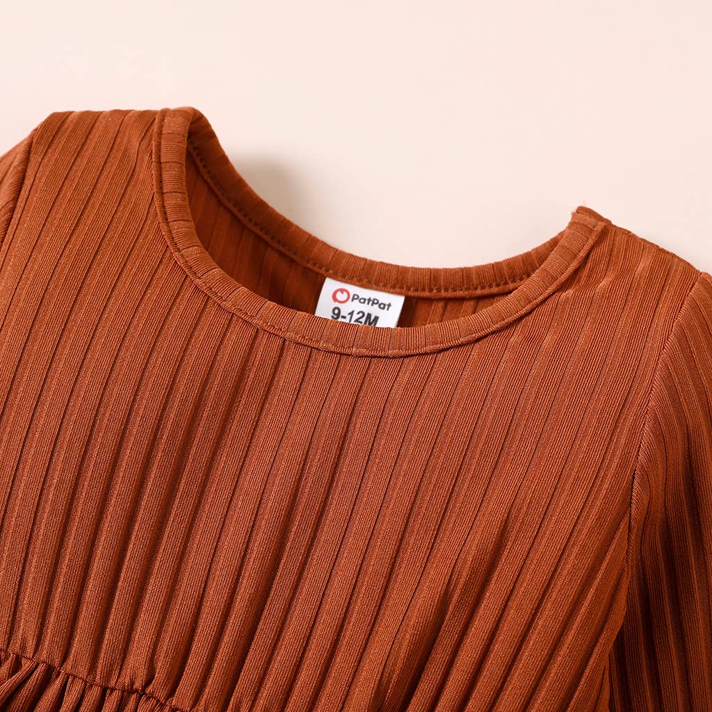 Baby Girl Ribbed Brown. Long-sleeve Dress