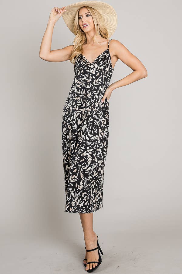 Printed satin cami deep back V midi dress