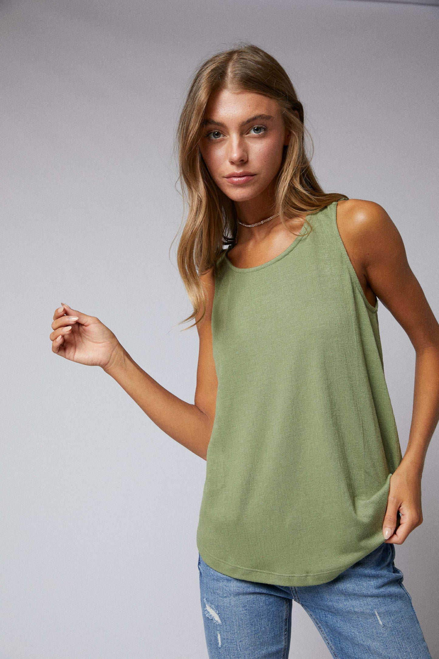 Sleeveless Back Lace Patch Crinkle Knit Swing Top