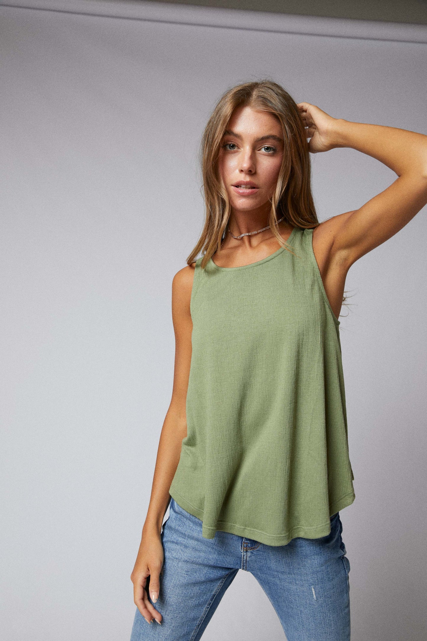 Sleeveless Back Lace Patch Crinkle Knit Swing Top