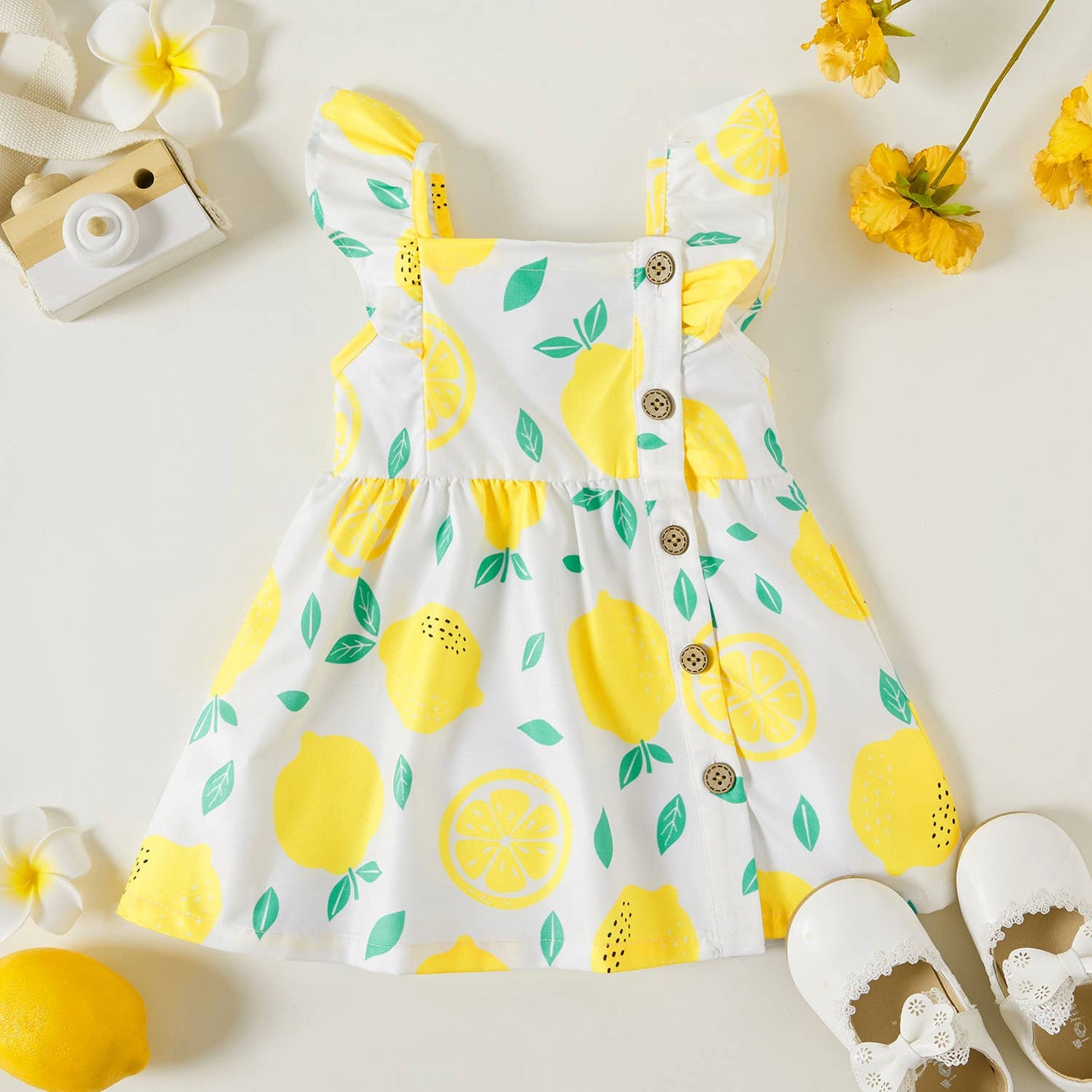 1pc Baby Girl Plaid&Lemon&Fruit Sweet Dress
