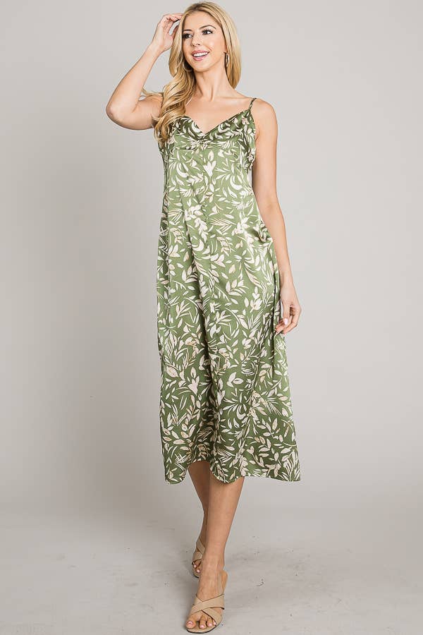 Printed satin cami deep back V midi dress