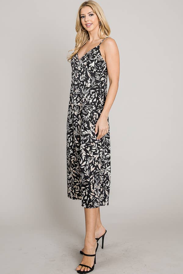 Printed satin cami deep back V midi dress