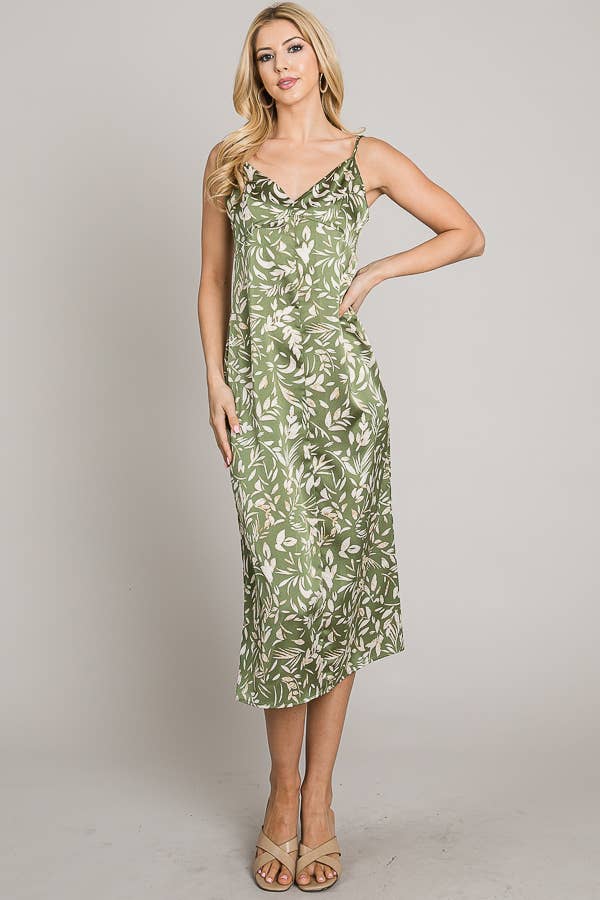 Printed satin cami deep back V midi dress