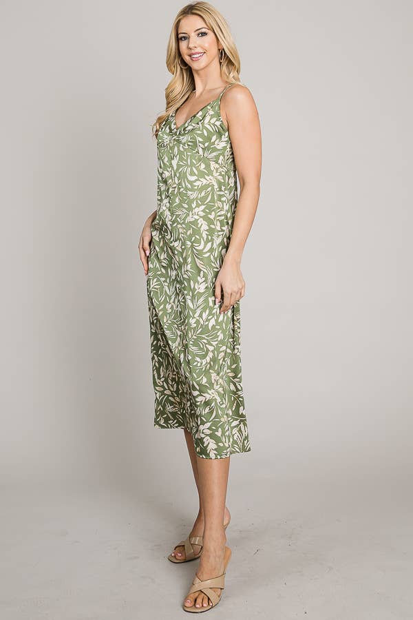 Printed satin cami deep back V midi dress