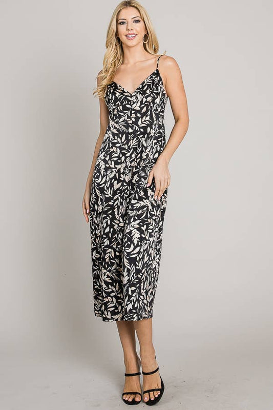Printed satin cami deep back V midi dress