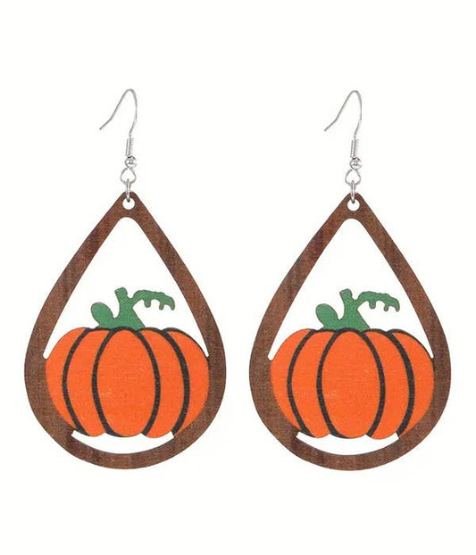 HALLOWEEN THEME WOOD TEARDROP EARRING - PUMPKIN