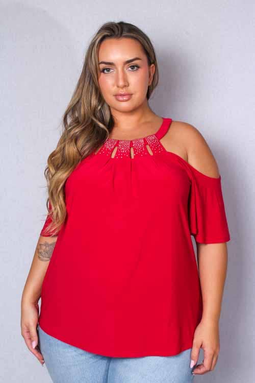 Women's Plus Short Sleeve Cold Shoulder Crystal Top