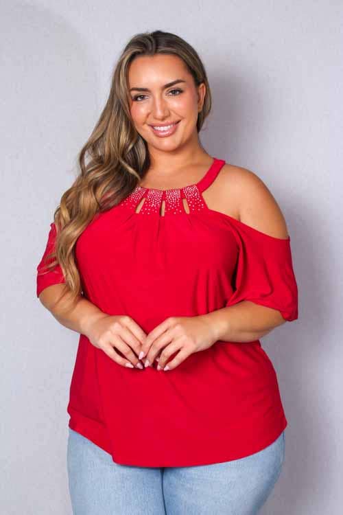 Women's Plus Short Sleeve Cold Shoulder Crystal Top