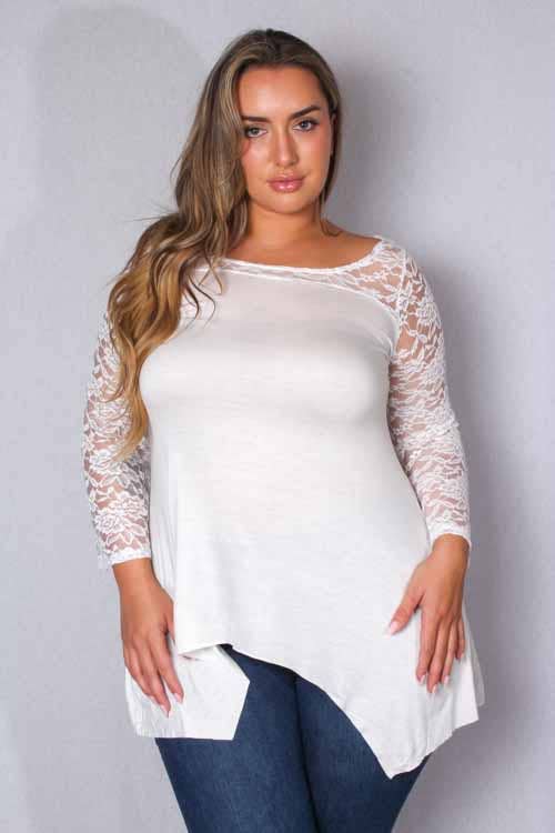 Women's Plus Lace Long Sleeve Hi Low Hem Solid Top