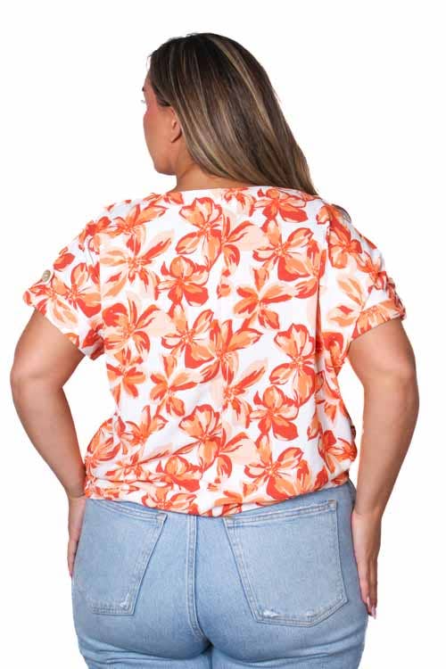 Women's Plus Short Sleeve Drawstring Hem Floral Top