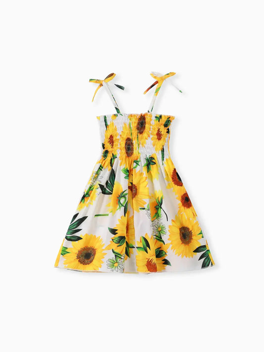 Toddler Girl 100% Cotton Sweet Sunflower Print Smocked Dress