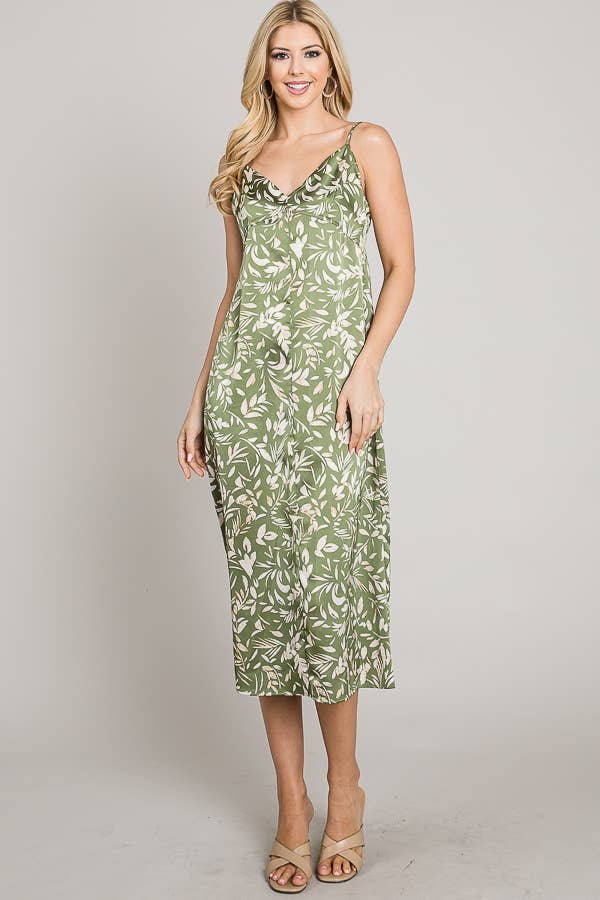 Printed satin cami deep back V midi dress