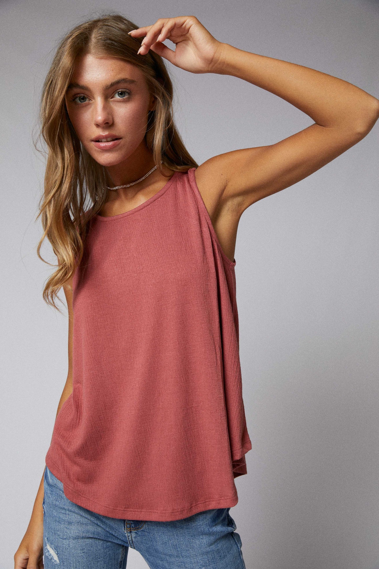 Sleeveless Back Lace Patch Crinkle Knit Swing Top